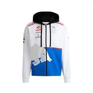 HUGO Men's White and Blue Zip-Up Sweater